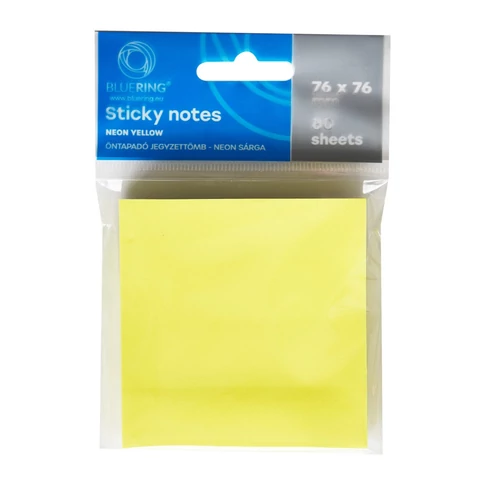 Bluering öntapadó jegyzettömb 76×76 mm, 80 lap, neon sárga – figyelemfelkeltő, többször felragasztható jegyzetlap irodai és otthoni használatra