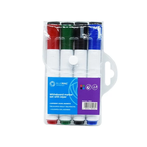 Bluering táblamarker készlet, 3 mm, kerek hegy, 4 szín, mágneses kupak, beépített törlő – szárazon törölhető whiteboardhoz