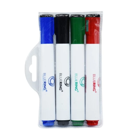 Bluering táblamarker készlet, 3 mm, kerek hegy, 4 szín, mágneses kupak, beépített törlő – szárazon törölhető whiteboardhoz