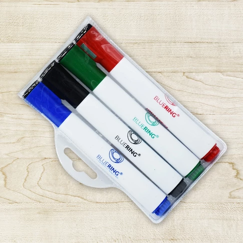 Bluering táblamarker készlet, 3 mm, kerek hegy, 4 szín, mágneses kupak, beépített törlő – szárazon törölhető whiteboardhoz