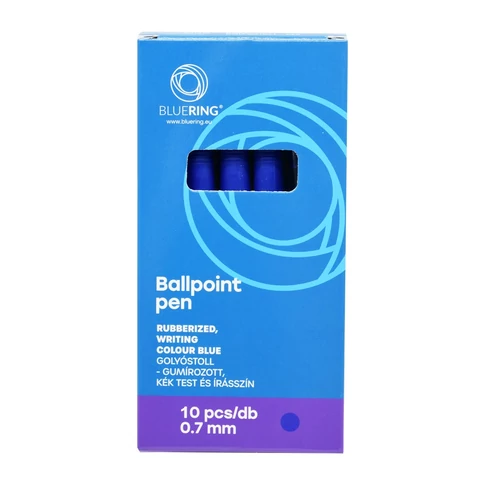 Bluering® R2 golyóstoll 0,7 mm, nyomógombos, gumírozott fogórész, kék írásszínű, áttetsző kék testtel