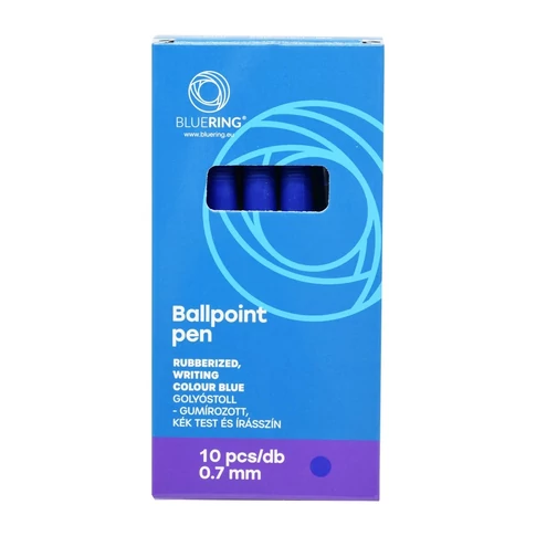 Bluering® R2 golyóstoll 0,7 mm, nyomógombos, gumírozott fogórész, kék írásszínű, áttetsző kék testtel