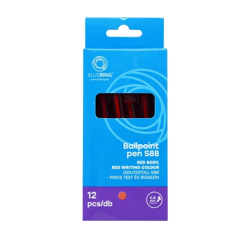 Bluering® S88 nyomógombos golyóstoll, 0,8 mm, piros test, piros írásszín – határozott jelöléshez és gyors irodai munkához