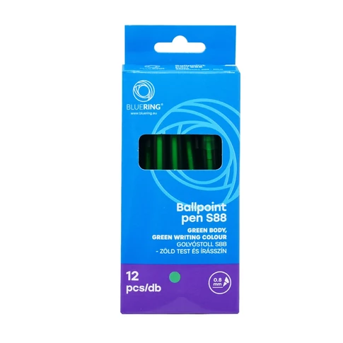 Golyóstoll 0,8mm, nyomógombos műanyag zöld test, S88, Bluering® írásszín zöld