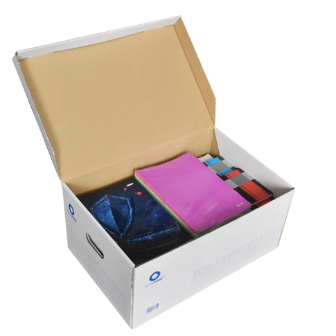 Archiváló konténer karton doboz fedeles 54x36x25cm, felfelé nyíló tetővel Bluering® fehér-kék