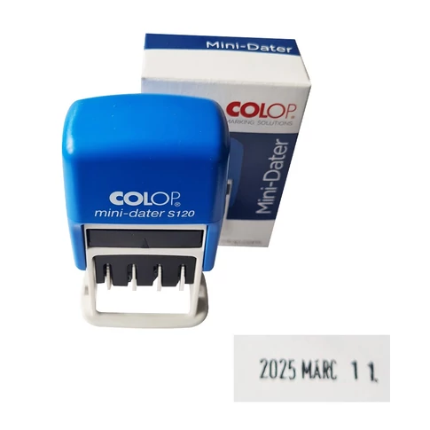 Mini dátumbélyegző Colop S120 – magyar nyelvű dátumbeállítás (év–hónap betű–nap), gyors dátumozáshoz dokumentumokon