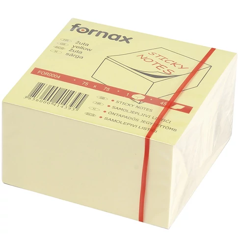 Fornax sárga öntapadó jegyzettömb 75×75 mm méretű, 450 lapos tömbben, mindennapi irodai és otthoni emlékeztetők, üzenetek és teendők gyors feljegyzéséhez