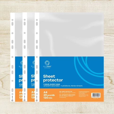 Bluering® A4, 120 mikron, víztiszta (fényes) lefűzhető genotherm, 11-lyukú, 25 db/csomag