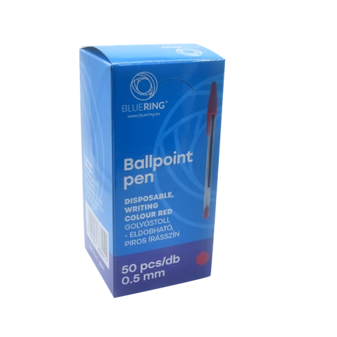 Bluering® eldobható kupakos golyóstoll – piros írásszín, áttetsző műanyag test, mindennapi jegyzeteléshez