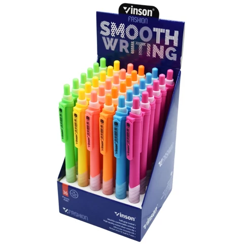 Nyomógombos golyóstoll készlet 0,7 mm – Vinson Fashion C4 vegyes színek, 36 darabos display irodába és iskolába