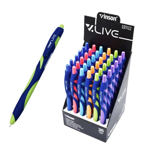 Vinson Live F20 nyomógombos golyóstoll gumírozott testtel, kék írásszínnel, 36 darabos vegyes display kiszerelésben irodai és iskolai használatra