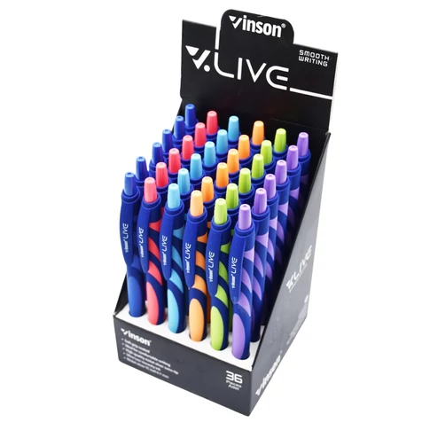 Ergonomikus gumírozott fogórésszel készült Vinson Live F20 golyóstoll kék tintával, praktikus asztali displayben, 36 darab vegyes színű tollal