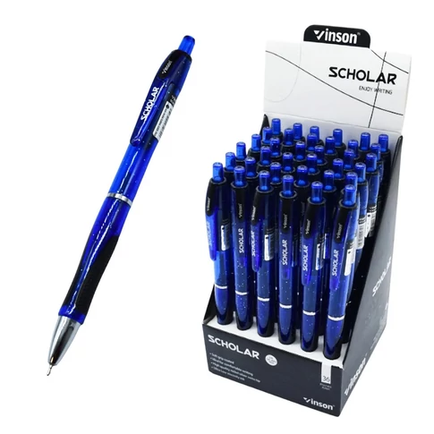 Vinson V5 Scholar nyomógombos golyóstoll kék testtel és gumírozott fogóval, 36 darabos display kiszerelésben, irodai és mindennapi használatra
