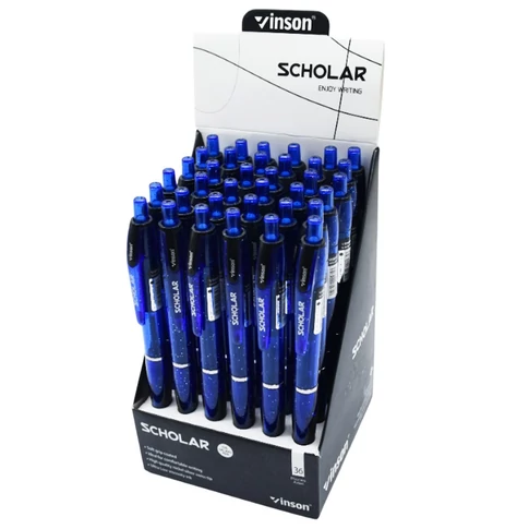 Vinson V5 Scholar nyomógombos golyóstoll kék testtel és gumírozott fogóval, 36 darabos display kiszerelésben, irodai és mindennapi használatra