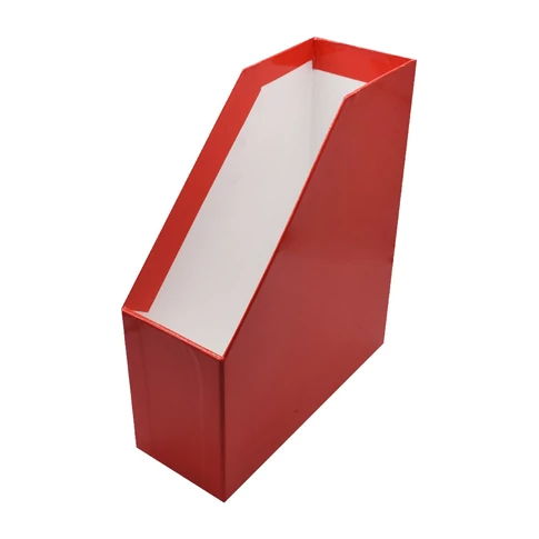 Piros lakkozott karton Bluering iratpapucs 9 cm szélességgel, A4-es iratok, magazinok és dossziék rendszerezett tárolásához irodai polcon vagy íróasztalon