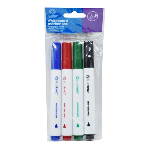 Bluering® kerek táblamarker készlet, 4 darabos – kék, fekete, zöld, piros színnel, 3 mm hegyrésszel, fehértáblára való használatra