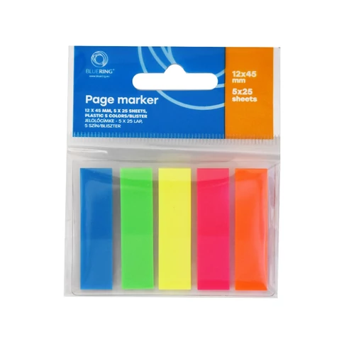 Bluering 12×45 mm műanyag jelölőcímkék 5 különböző színben, 5×25 lapos készlet praktikus adagolón, bliszteres csomagolásban
