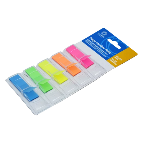 Jelölőcímke 12x45mm, 5x25lap, műanyag 5szín/bliszter, kemény tokos adagolóban Bluering® 