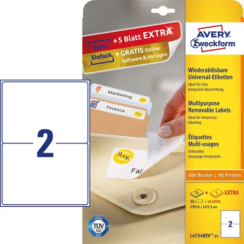 Etikett címke, univerzális visszaszedhető 199,6 x143,5 mm, 2 címke/ív, 25 ív/doboz, Avery fehér