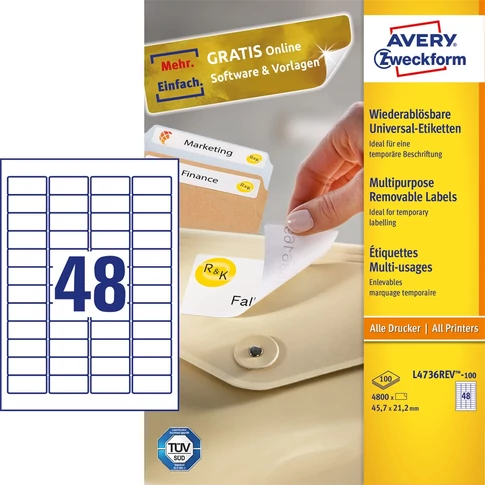 Etikett címke, univerzális visszaszedhető 45,7 x21,2 mm, 48 címke/ív, 100 ív/doboz, Avery fehér