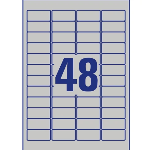 Etikett címke, 45,7 x21,2mm, ipari poliészter, 48 címke/ív, 20 ív/doboz, Avery ezüst