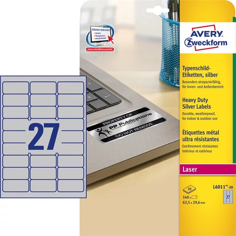 Etikett címke, ipari poliészter, 63,5 x29,6 mm, 27 címke/ív, 20 ív/doboz, Avery ezüst