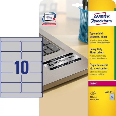 Etikett 96x50,8 mm 20 lap 10címke/lap ipari ezüst poliészter címke AVERY L6012-20