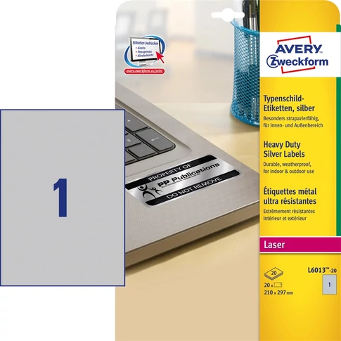 Etikett címke, ipari poliészter, 210 x297 mm, 1 címke/ív, 20 ív/doboz, Avery ezüst