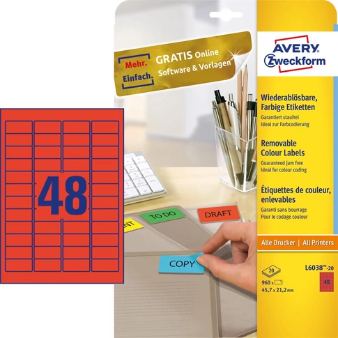 Etikett címke, univerzális visszaszedhető 45,7 x21,2 mm, 48 címke/ív, 20 ív/doboz, Avery piros