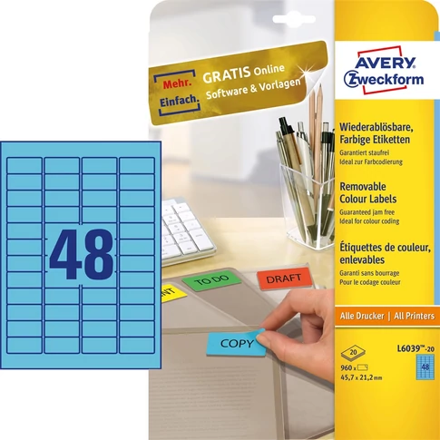 Etikett címke, univerzális visszaszedhető 45,7 x21,2 mm,48 címke/ív, 20 ív/doboz, Avery kék
