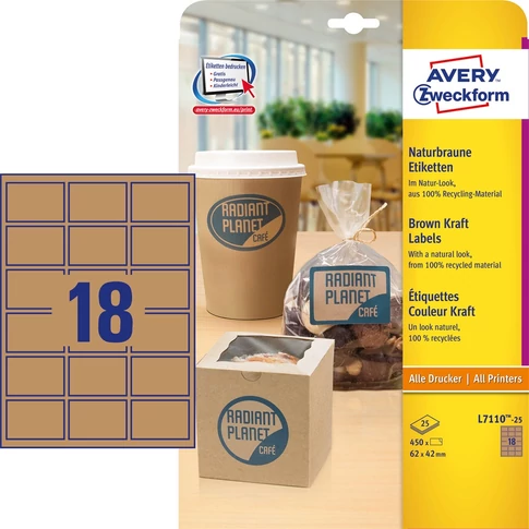 Etikett címke, környezetbarát 62 x42 mm, 18 címke/ív, 25 ív/doboz, Avery barna