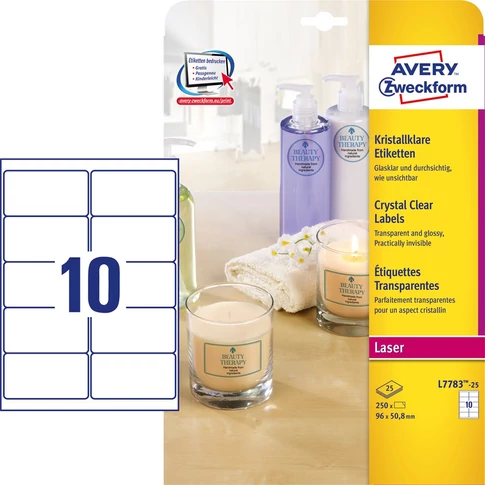 Avery Crystal Clear etikett címke 96 × 50,8 mm, átlátszó film, 10 címke/ív, 25 ív/doboz