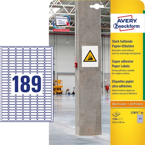 Etikett címke, szuper tapadású 25,4 x10 mm, 189 címke/ív, 20 ív/doboz, Avery fehér