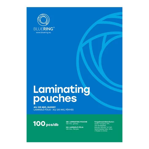 Bluering® A3 méretű, 125 mikron vastag lamináló fólia, 100 darabos doboz, fényes, strapabíró felület