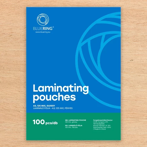 Bluering® A3 méretű, 125 mikron vastag lamináló fólia, 100 darabos doboz, fényes, strapabíró felület