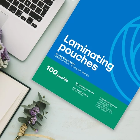Bluering® A3 méretű, 125 mikron vastag lamináló fólia, 100 darabos doboz, fényes, strapabíró felület