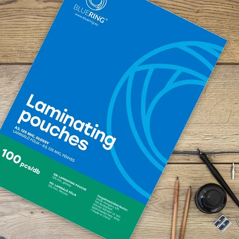 Bluering® A3 méretű, 125 mikron vastag lamináló fólia, 100 darabos doboz, fényes, strapabíró felület