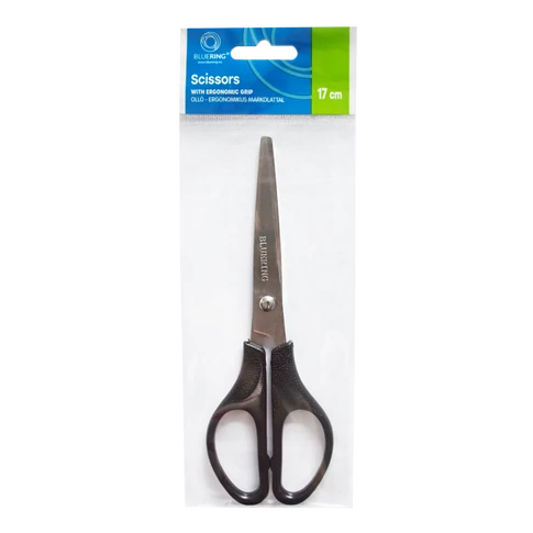 Fekete, műanyag nyelű olló, 17 cm-es, hegyes éllel