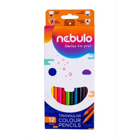 Nebulo háromszögletű 12 darabos színes ceruzakészlet, ergonomikus fogással, iskolához és kreatív rajzhoz