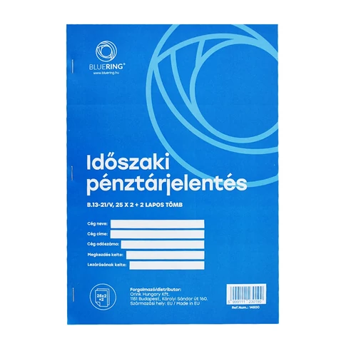 Bluering® időszaki pénztárjelentés nyomtatvány A4 álló – B.13-21/VX, 25×2+2 lapos tömb; pénztári/kassza forgalom időszakos rögzítéséhez, irodai pénzügyi adminisztrációhoz