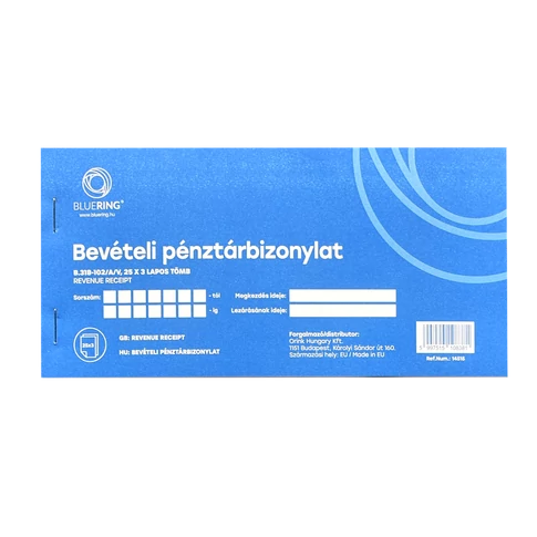 Bluering® bevételi pénztárbizonylat, 25 garnitúra, 3 lapos, B.318-102/A/V típus, 40 db/csomag